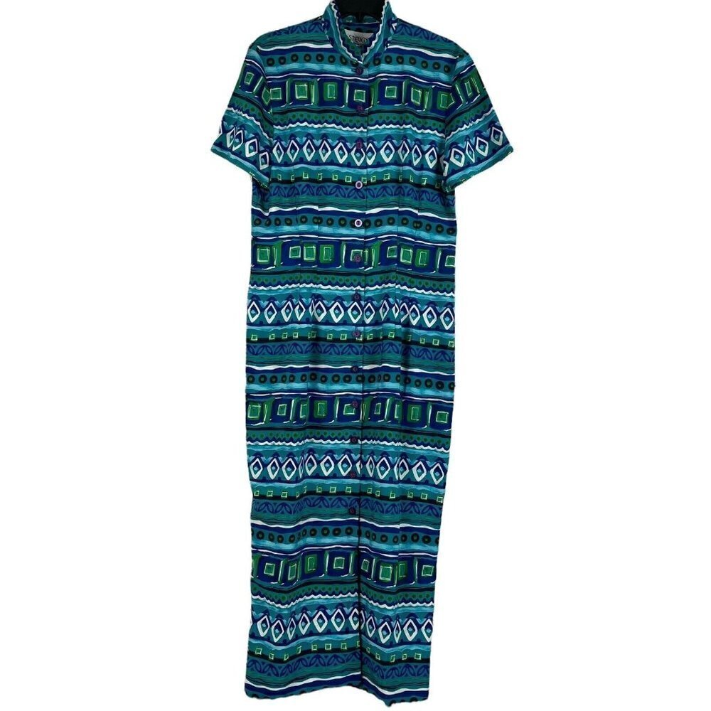 J Stevens by Carol Escritor Maxi Dress Blue Green Geometric Button Front Size 12